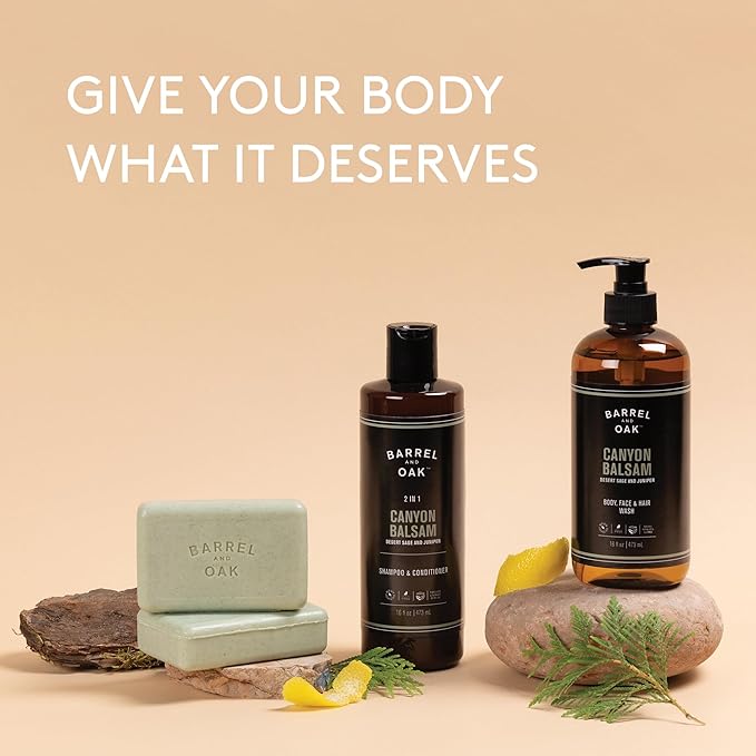 Barrel and Oak - 2-in-1 Shampoo & Conditioner, Men's Shampoo & Conditioner Set, Hair Care for Men, Cleanses Hair & Scalp, Natural Moisturizer, Essential Oil-Based Scent, Vegan (Canyon Balsam, 16 oz)