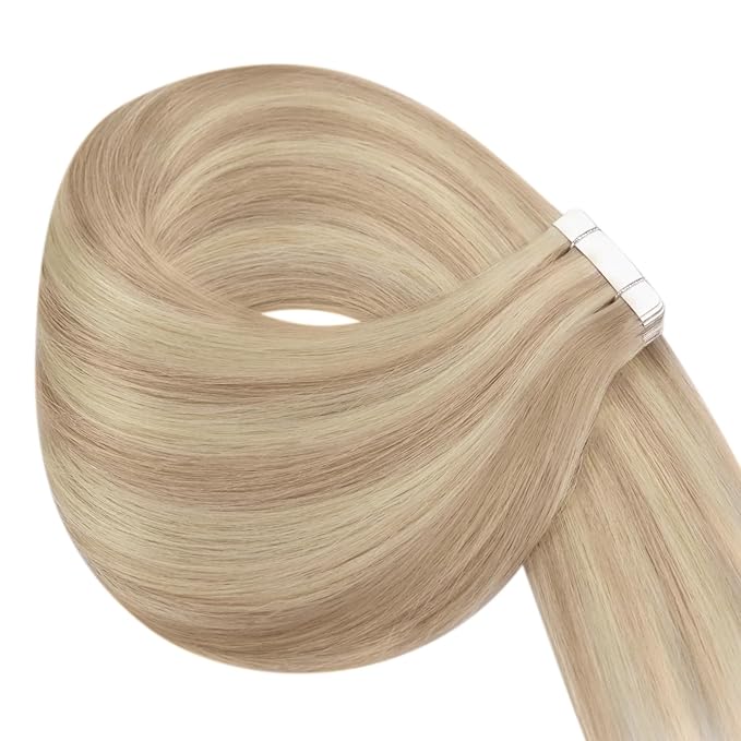 YoungSee Tape in Hair Extensions Real Human Hair Blonde Highlight Tape in Hair Extensions Light Blonde and Strawberry Blonde Highlight Human Hair Extensions Tape in 20In 20pcs 50g Seamless Extensions