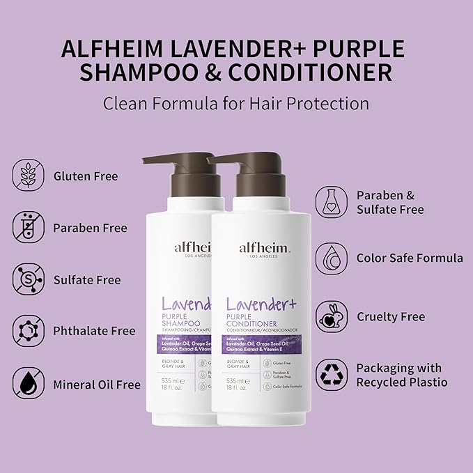 Alfheim Lavender+ Purple Shampoo & Conditioner Set | Anti-Brass & Color-Correcting for Blonde, Platinum & Gray Hair | Hydrating & Nourishing | Enhances Shine & Softness | 18 oz Each