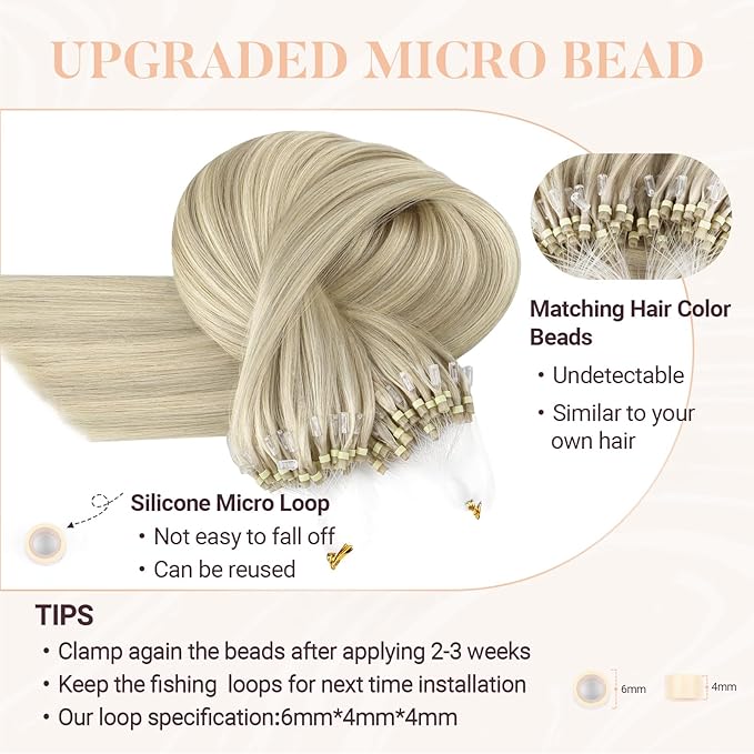 MAXITA Microlink Hair Extensions Human Hair, Ash Blonde Highlighted Platinum Blonde Micro Bead Hair Extensions Virgin Human Hair, 50g/50 Strands/Pack, 22 In