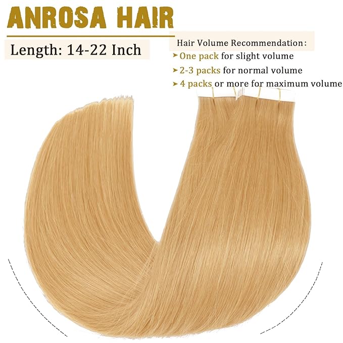 Anrosa Real Human Hair Silky Double Sided Tape in Hair Extensions 50g 20pcs 22 Inch Skin Weft Seamless Remy Tape in Hair Extensions Honey Blonde Color