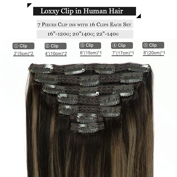 Loxxy 18 Inch 120g Hair Extensions Clip in Double Weft Brazilian Human Hair Thick Silky Straight Clip in Remy Hair Full Head Rooted Dark Brown to Chestnut Brown Highlight Dark Brown Color R#2-2/6
