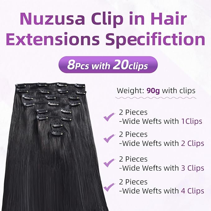 Clip in Hair Extensions Real Human Hair,100% Seamless Remy Human Hair Straight,Clip Extensions for Women, 8pcs Per Set with Double Weft,1B Natural Black,16inch 90g/3.2oz
