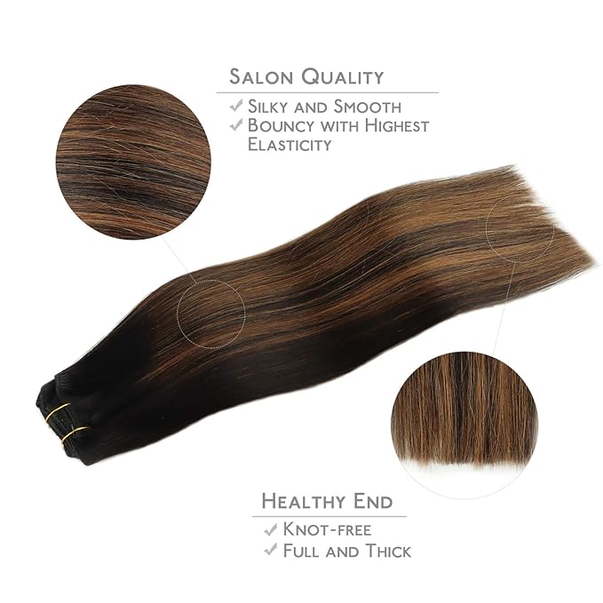 WENNALIFE Clip in Hair Extensions, 150g 16 Inch 9pcs Balayage Natural Black to Chestnut Brown Remy Hair Thicker Double Weft Extensiones De Cabello Humano Con Clip Ins Straight Full Volume