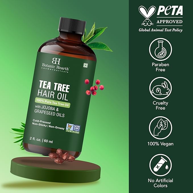 Botanic Hearth Tea Tree Oil For Hair (2 Fl Oz) | With Jojoba & Grapeseed Oils | Soothes Itchy Scalp & Fights Dandruff | Non Gmo Verified - Hair Tonic