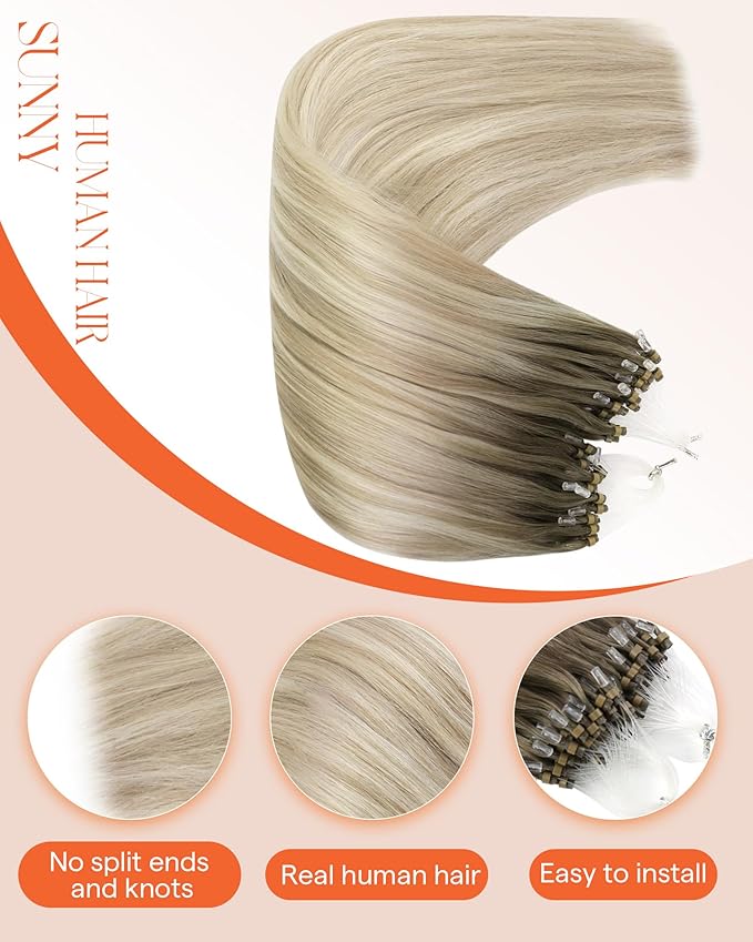 Sunny Hair Micro Link Hair Extensions Human Hair Soft and Silky Micro Hair Extensions Real Human Hair Balayage Ash Blonde Mix Platinum Blonde Micro Loop Hair Extensions 14inch 50g