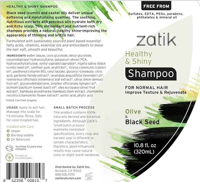 Zatik Naturals - Healthy & Shiny Shampoo and Conditioner set, with Olive and Black Seed, Voluminizing and Safe for Color Treated Hair - one of each 10.80 fl oz.