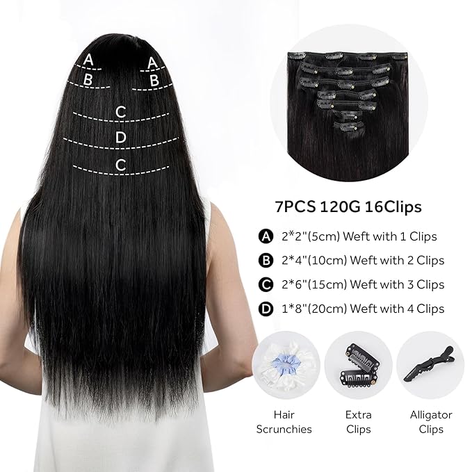 Clip in Hair Extensions Real Human Hair, Remy Hair Clip in Extensions Human Hair, Natural Black 100% Human Hair Extensions for Women #1B 22Inch 120G 7PCS