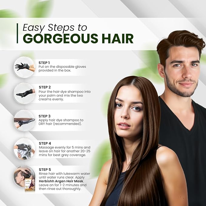 Herbishh Chestnut Brown Hair Dye Shampoo 200ml + Argan Oil 30ml – Grey Coverage & Frizz Control Combo – 3-in-1 Color, Cleanse & Repair