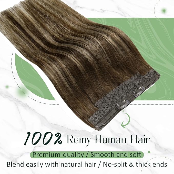 RUNATURE Wire Hair Extensions Real Human Hair, Balayage Brown Roots Human Hair Extensions for Women, Invisible Fish Line Extensions Soft Remy Hair, 16 Inch 80g #4/27/4