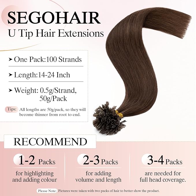 U Tip Hair Extensions Human Hair Pre Bonded Extensions Keratin Fusion Extensions K Tip Hair Extensions Real Human Hair Silky Straight Natural 50g/100 Stands 14" Medium Brown