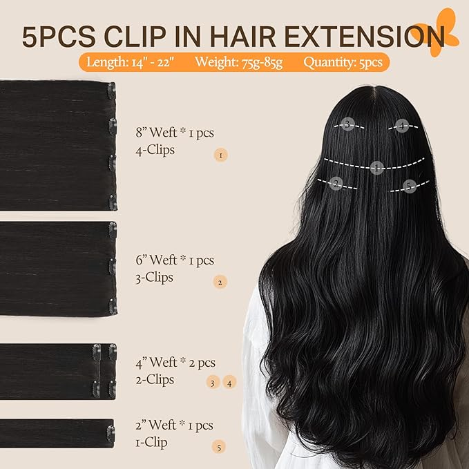 DOORES Human Hair Extensions Clip in, 5pcs 80g Natural Black 18 Inch Clip in Hair Extensions Straight Natural Remy Hair Extensions