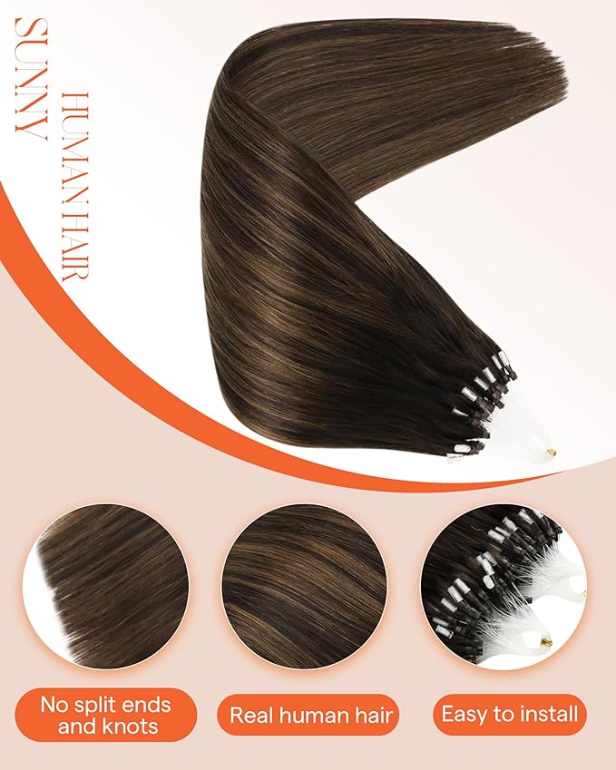 Sunny Hair Microlink Hair Extensions Human Hair Invisible Micro Ring Hair Extensions Human Hair Dark Brown Balayage Medium Brown Pre Bonded Real Human Hair 20inch 50g
