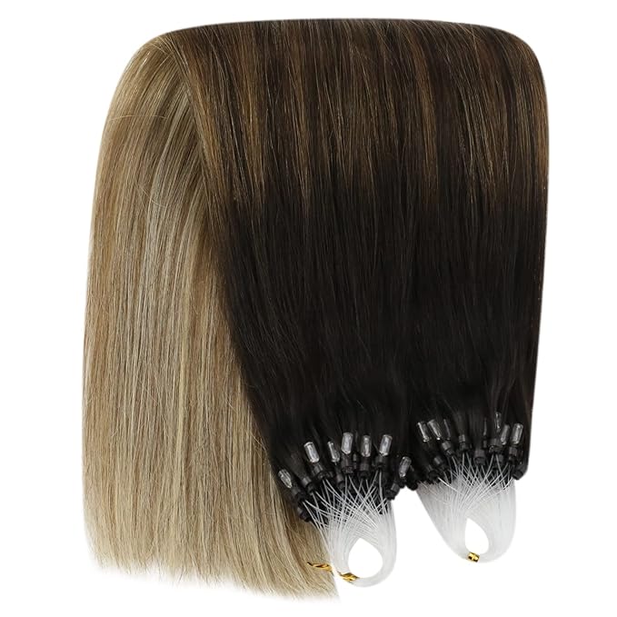 YoungSee Microlink Hair Extensions Human Hair Balayage Micro Ring Hair Extensions Ombre Dark Brown to Medium Brown with Blonde Hair Extension Beads for Girls 20Inch 50g 50s Cold Fusion Hair Extension