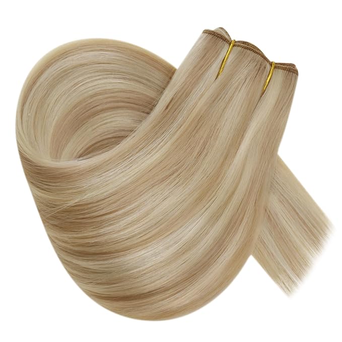 RUNATURE Invisible Wire Hair Extensions Real Human Hair, Blonde Hair Extensions with Transparent Fish Wire, Natural Looking Remy Hair for Women, 20 Inch 100g #18P613 Sandy Blonde HIghlights