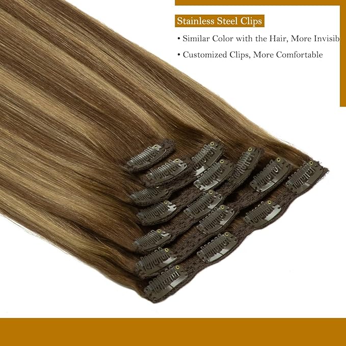 Loxxy New Version Thickened Double Weft Remy Human Hair Chocolate Brown to Caramel Blonde Thick Silky Straight 22 Inch Clip in Human Hair Extensions Clip in Thick Silky Straight Hair 140g