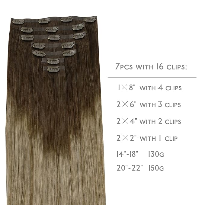 WENNALIFE Seamless Clip In Hair Extensions, 16 Inch 7pcs 130g Ombre Walnut Brown to Ash Brown and Bleach Blonde, Invisible PU Weft Natural Real Human Hair Extensions