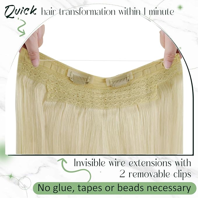 RUNATURE Wire Hair Extensions, Real Human Hair Wire Extensions Blonde, Invisible Fish Line Hair Extensions, Remy Natural Hair for Women, Add Volume, 12 Inch 70g #24 Bleach Blonde