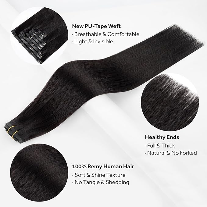 Clip in Hair Extensions Real Human Hair Natural Black Seamless Clip In 100% Remy Hair Extensions PU Skin Weft Add Volume Invisible for Long Straight Hair #1B 20Inch 120G 8PCS
