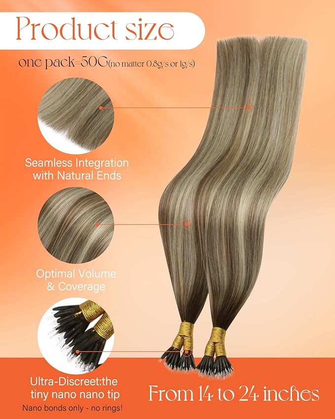 Sunny Hair Nano Ring Hair Extensions Human Hair 18inch Nano Tip Hair Extensions Real Human Hair Brown Ombre Light Brown Highlights Blonde Nano Loop Hair Extension 50g