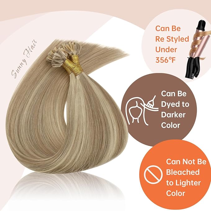 Sunny Golden Blonde U Tip Hair Extensions 18in U Tip Hair Extensions Human Hair Ash Blonde Highlights Light Blonde Utip Human Hair Extensions Hot Fusion Ktip Human Hair Extensions Soft Silky 50g/s