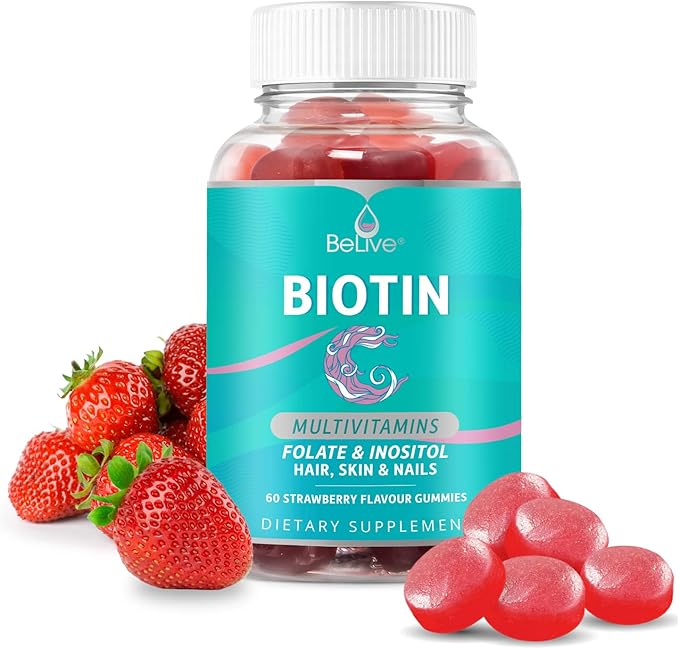 BeLive Biotin Gummies with MultiVitamins, Folate, Inositol – Supports Hair Growth, Healthy Skin & Nails – Vegan, Pectin Based – Strawberry Flavor (2)