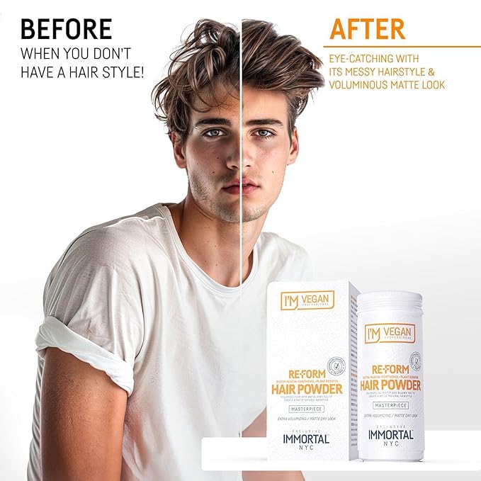 Immortal NYC Re-Form Hair Powder - Vegan Volumizing Matte Powder for Hair & Beard, Biotin, Panthenol & Plant Keratin, Extra Volume, Messy Matte Look, 20g