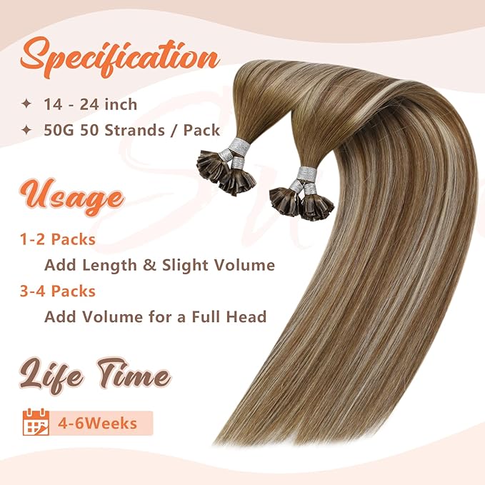 Sunny Hair U Tip Hair Extensions Human Hair Balayage Utip Human Hair Extensions Chestnut Brown with Blonde Ombre K Tips Hair Extensions Real Human Hair for Daily Use 14inch 50g