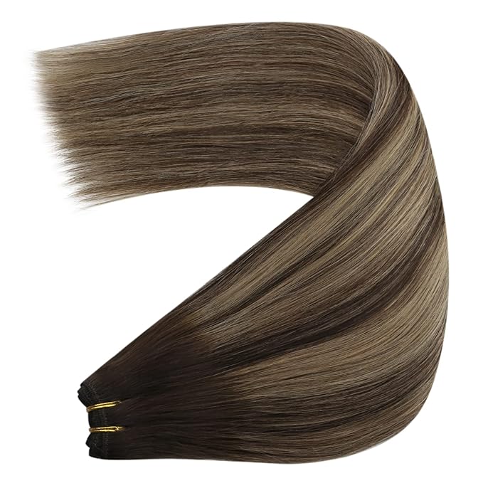 YoungSee Weft Hair Extensions Balayage Sew in Hair Extensions Dark Brown Fading to Caramel Blonde Mix Brown Balayage Silky Smooth Human Hair Weft Extensions for Women 16Inch 100G