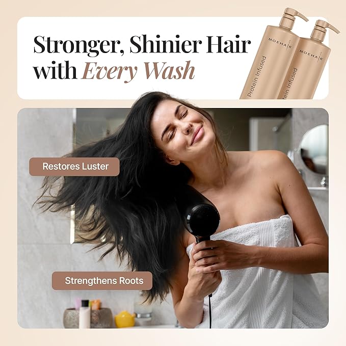 MOEHAIR Protein Infused Shampoo and Conditioner Set for Dry & Damaged Hair | Strengthens Hair Fiber | Sulfate & Paraben Free | Adds Shine, Softens & Hydrates Hair (32 Fl Oz)