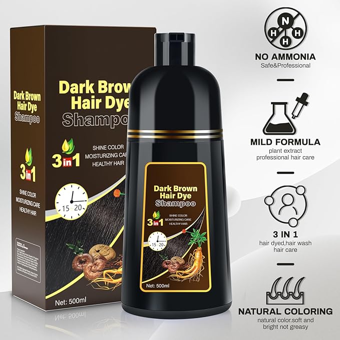 Dark Brown Natural Hair Dye Shampoo 3 in 1, 16.9 Fl Oz/500 ML, Semi-Permanent Gray Hair Coverage, Unisex, Natural Ingredients,