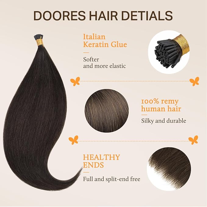 DOORES I Tips Hair Extensions - Real Human Hair, Light Dark Brown, 14 Inch, 50g/100s, ITip, Silky Straight, Cold Fusion