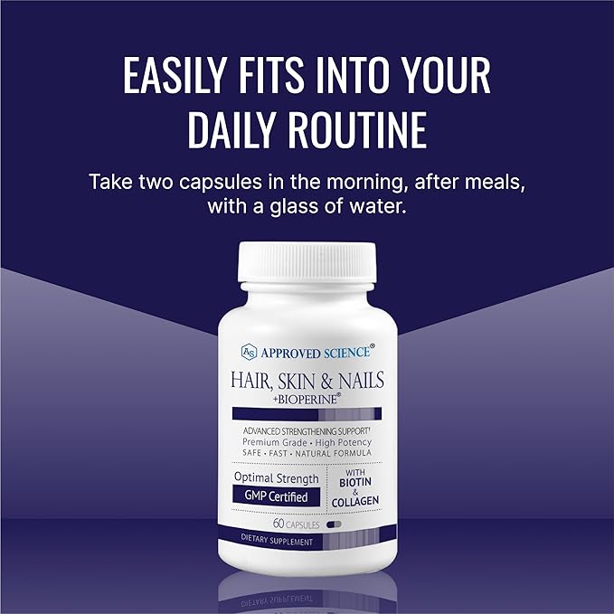 Approved Science Hair, Skin and Nails - Support Supplement - Biotin, Collagen, Vitamin B Complex, Silica, BioPerine - 60 Capsules - 1 Month Supply