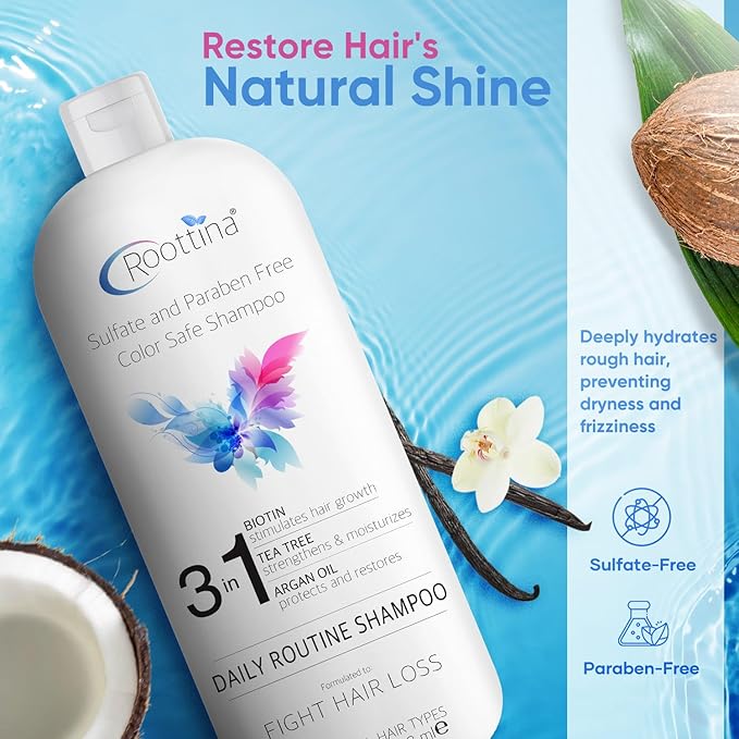 Fights Hair Loss, Roottina Daily Routine Shampoo, Strengthens and Fortifies, Promotes Hair Growth, Hair Thickening Shampoo with DHT Blockers, Coconut and Vanilla Scent, Made in USA (16 fl oz)