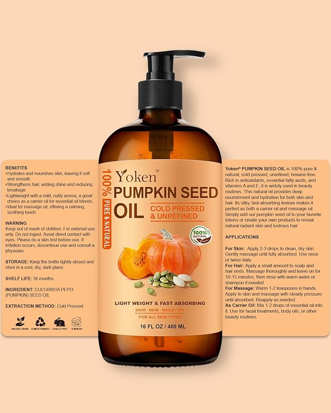Yoken Cold-Pressed Pumpkin Seed Oil for Hair, Glass Bottle, 100% Pure & Natural Carrier, Massage Oils, Unrefined, 16 Fl Oz with Pump, Pumpkin Oil for Skin, Face, Nails, Body Moisturizer, Hexane-Free