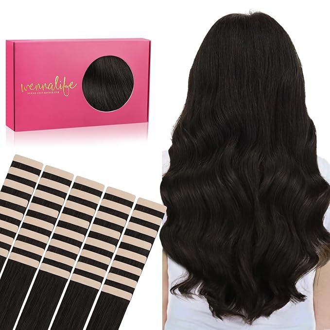 WENNALIFE 40pcs Tape in Hair Extensions Human Hair, 80g 12 inch Dark Brown Hair Extensions Real Human Hair Straight Tape in Extensions Invisible Human Hair Extensions Reusable Real Hair Extensions