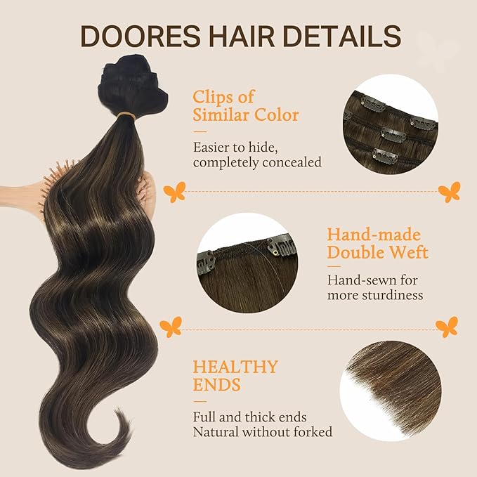 DOORES Clip in Hair Extensions Real Human Hair, Balayage Dark Brown to Chestnut Brown 18 Inch 9pcs 150g, Remy Clip in Extensions Straight Thick Weft