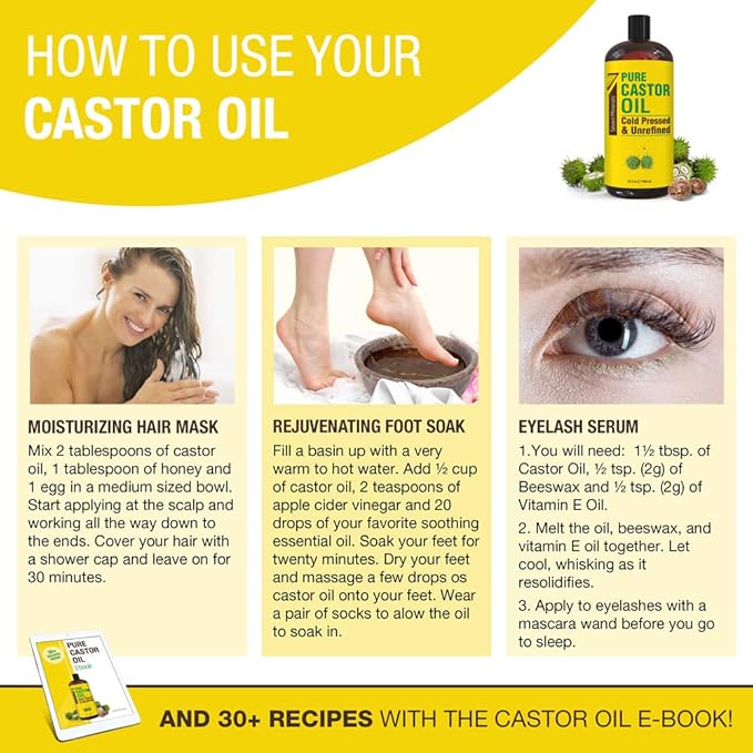 Pure Cold Pressed Castor Oil - Big 32 fl oz Bottle - Unrefined & Hexane Free - 100% Pure Castor Oil for Hair Growth, Thicker Eyelashes & Eyebrows, Dry Skin, Healing, Hair Care, Joint and Muscle Pain