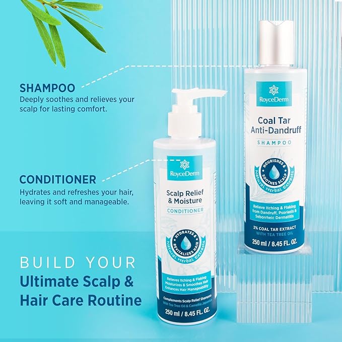 RoyceDerm Coal Tar Dandruff Shampoo: Extra Strength 2% Coal Tar Extract Medicated Gel for Rapid Scalp Hair Relief targets dandruff, psoriasis, and seborrheic dermatitis - Hydrating & Natural Fragrance