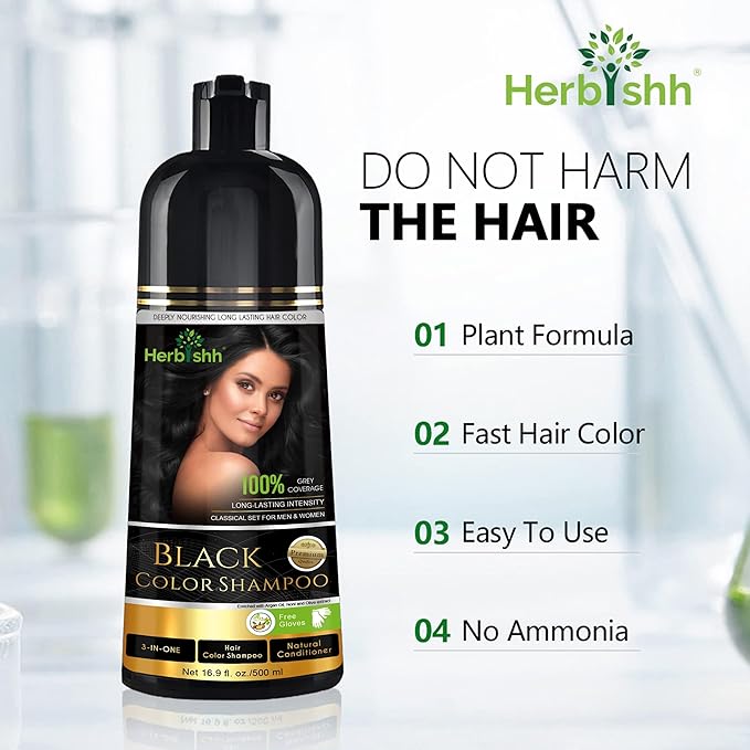 Herbishh Hair Color Shampoo for Gray Hair – Natural Hair Dye Shampoo – Colors Hair in Minutes – Lasts Up To 3-4 Weeks – 500ML – 3-In-1 Hair Color – Colors, Cleanses, and Conditions (Black)