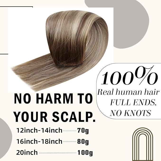 RUNATURE Wire Human Hair Extensions Balayage Invisible Fish Line Hair Extensions Real Human Hair Brown Roots Soft Hair, Easy to Apply 20 Inch 100g #3/8/22 Walnut Brown to Light Brown with Blonde