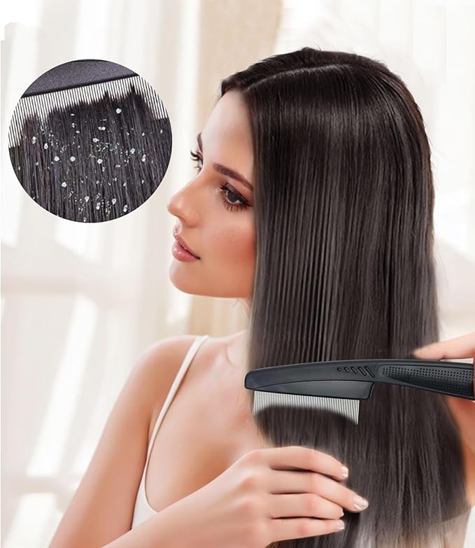 Dandruff Comb Fine Tooth Scalp Detox Comb Lice for Women, Men & Kids Stainless Steel Scalp Detoxing, Sweep & Massage Hair Brush Tool for Hair Care (2PC Black+Orange)