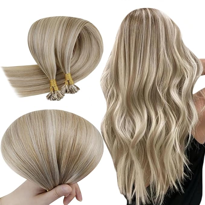 RUNATURE Ktip Human Hair Extensions Ash Brown with Platinum Blonde Keratin U Tip Hair Extensions Hot Fusion Utip Hair Extensions Human Hair Straight K Tip Hair Extensions Silky 16 Inch 50g 50s