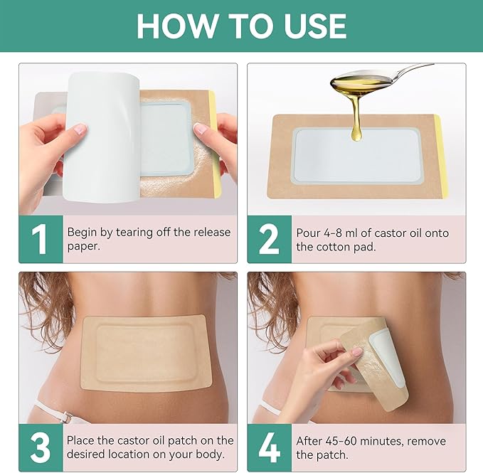 10Pcs Castor Oil Pack Wrap, Organic Cotton Castor Oil Patches for Liver, Stomach, Belly Button, 11.8"x6.3", Disposable Self-Adhesive, Leak-Free, 5X Absorbent Cotton Pad, Portable