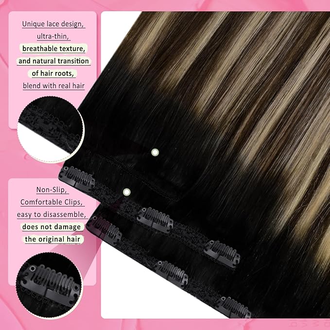 YoungSee 150G Clip in Hair Extensions Real Human Hair Ombre Lace Clip in Hair Extensions Human Hair Black Fading to Brown with Caramel Blonde Human Hair Clip in Extensions for Black Women 7Pcs 20Inch