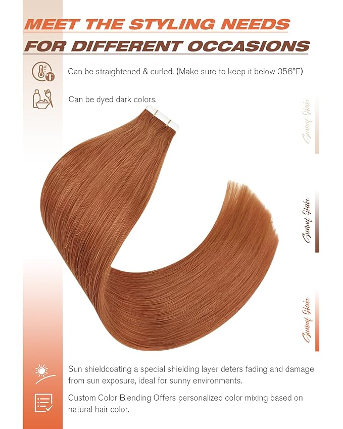 Sunny Hair Tape in Hair Extensions Real Human Hair Invisible Remy Hair Extensions Tape ins for Women Copper Red 18 inch 20Pcs 50G