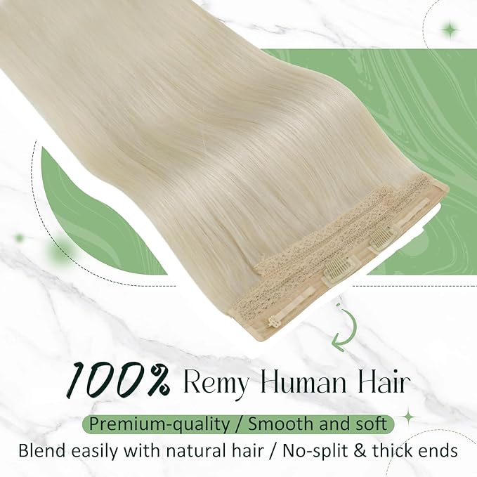 RUNATURE Wire Hair Extensions Human Hair, Platinum Blonde Hair Extensions One Piece Clip in Fish Line Hidden Extnesions, Silky Remy Natural Hair for Women 12 Inch 70g #60