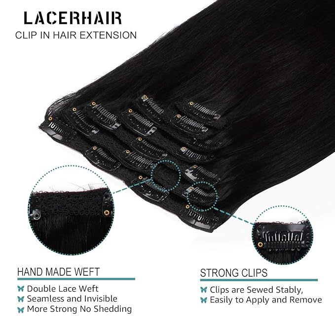 Lacer Hair Extensions Clip in Human Hair Jet Black #1 120g 7pcs Per Set Silky Straight 100% Clip in Hair Extensions Remy Human Hair 14 Inch
