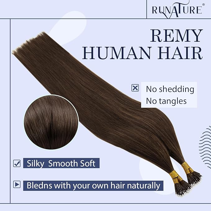 RUNATURE Nano Bead Human Hair Extensions Brown Silky Nano Link Hair Extensions Cold Fusion Nano Ring Hair Extensions Real Human Hair Nano Beads Remy Nano Hair Extensions 20 Inch 50 Gram 50 Strands