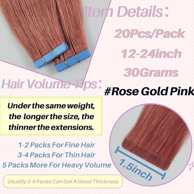 Rose Gold Pink Tape in Hair Extensions Human Hair Invisible 18 Inch Silky And Soft Tape in Human Hair Extensions for Girls